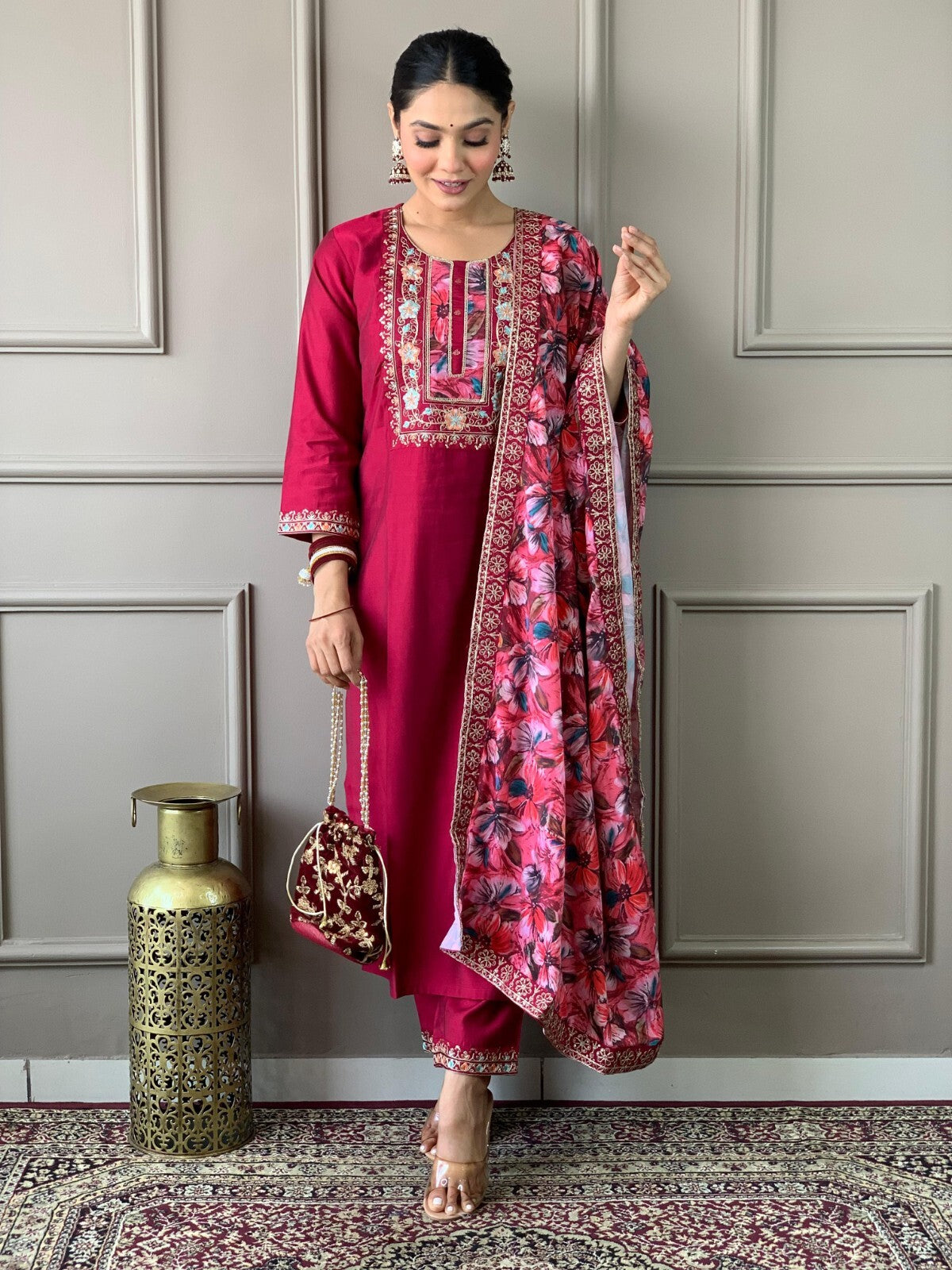 Women straight suit Elegant Viscose Silk Salwar Kameez Set readymade suit