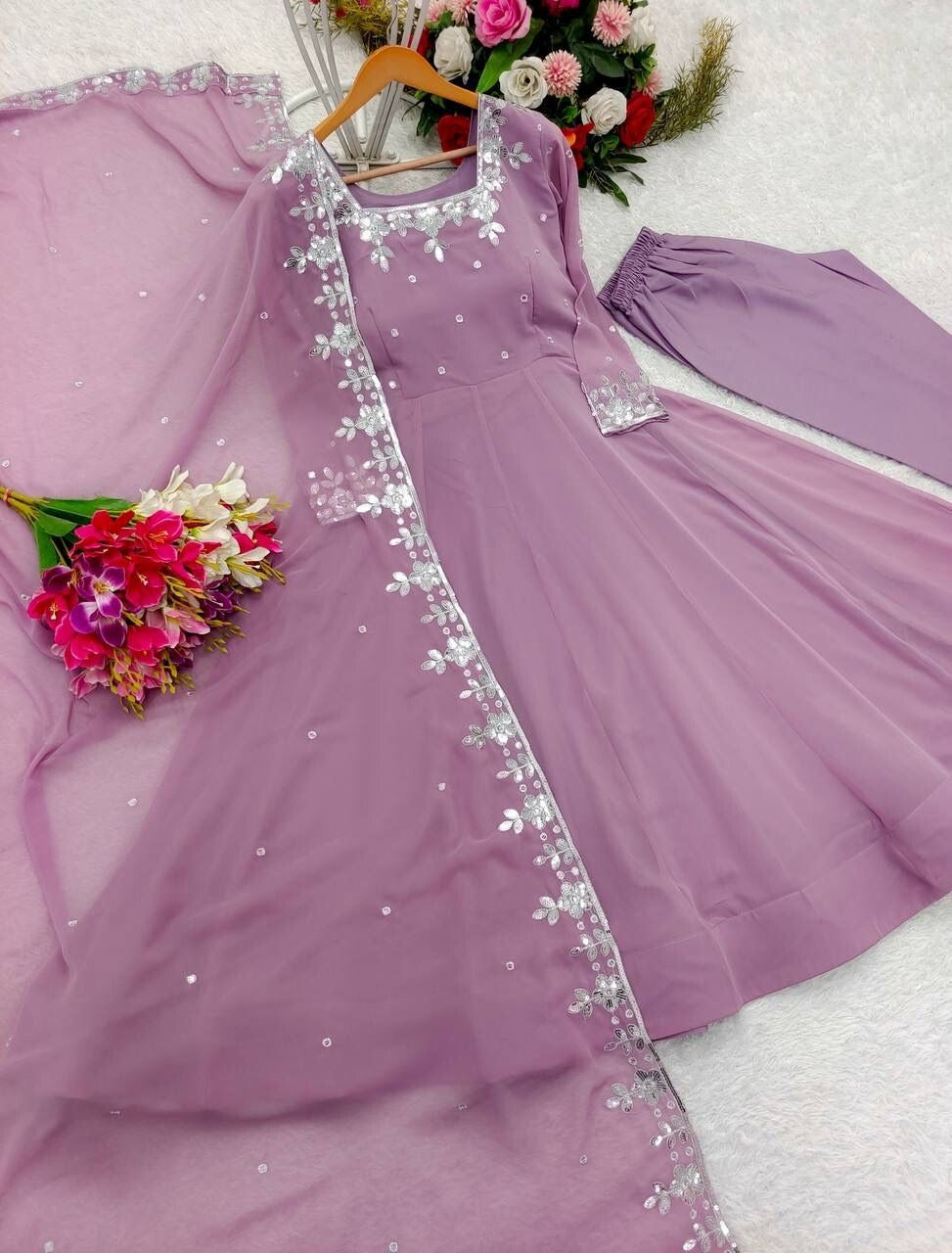 Indian Women Lavender Georgette Anarkali Flared Long Gown Dress Kurti Tunic