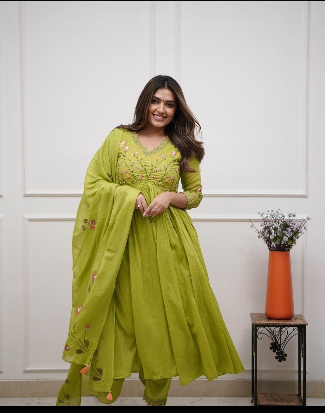 Anarkali Flared Gown Cotton Kurta Pant Set with Malmal Dupatta 3 Piece Set