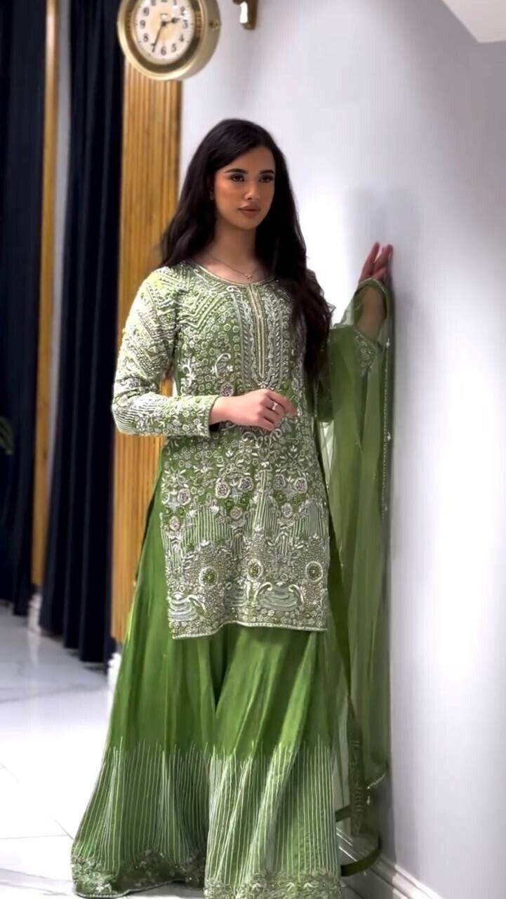 Indian Green Chinnon Silk Sharara Palazzo Salwar Kameez Set with Net Dupatta