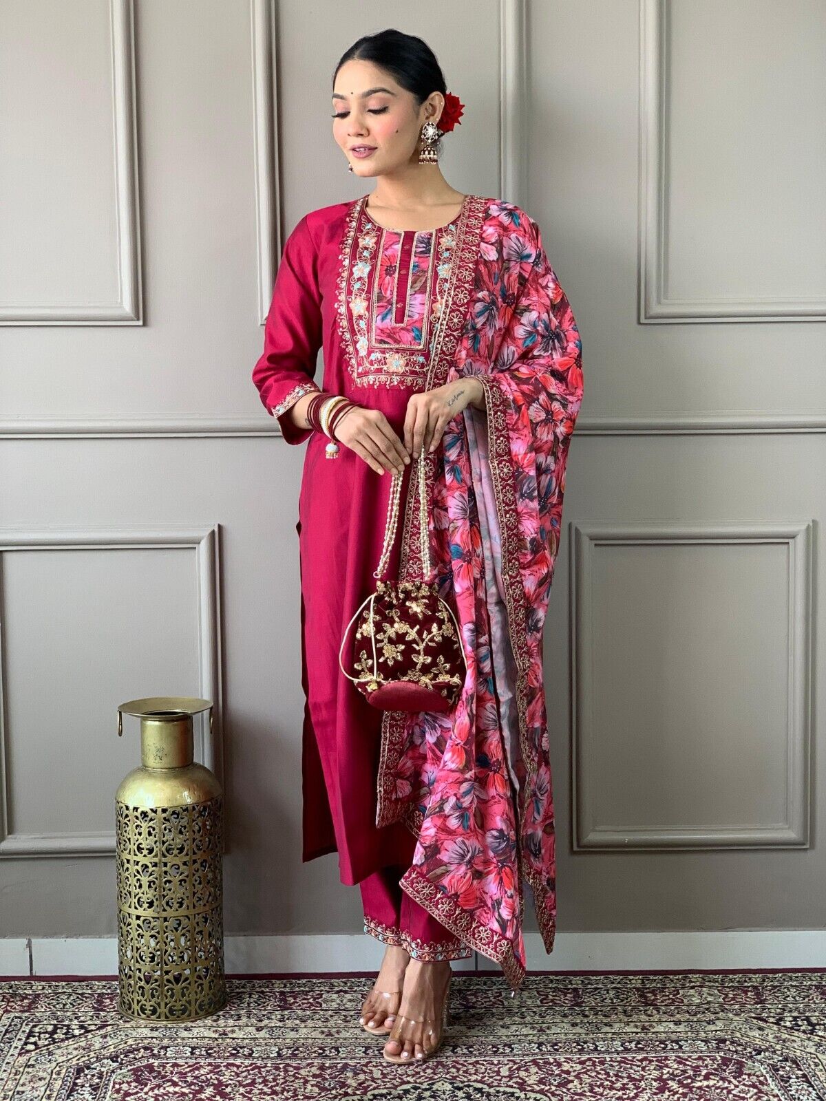 Women straight suit Elegant Viscose Silk Salwar Kameez Set readymade suit
