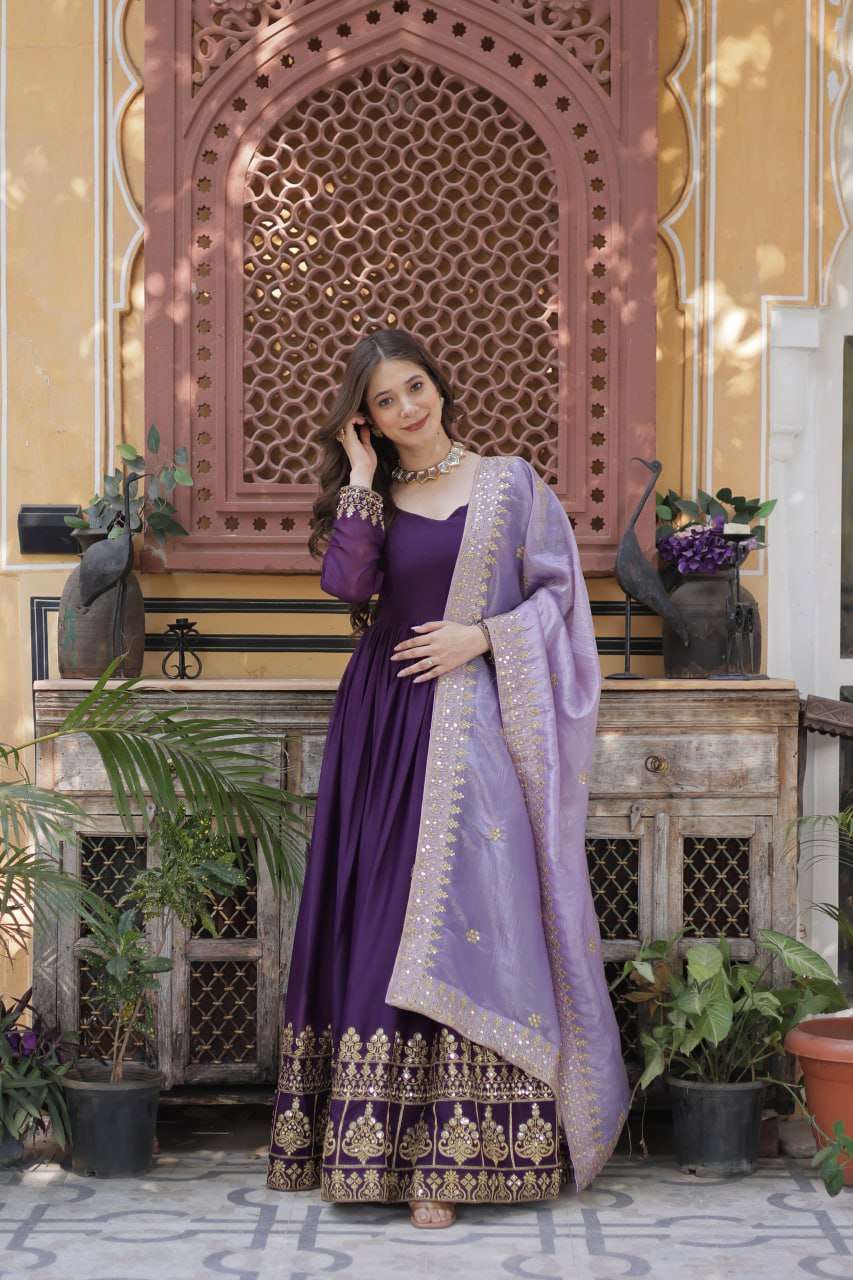 Premium Zari & Sequins Embroidered Gown with Gold Crush Dupatta