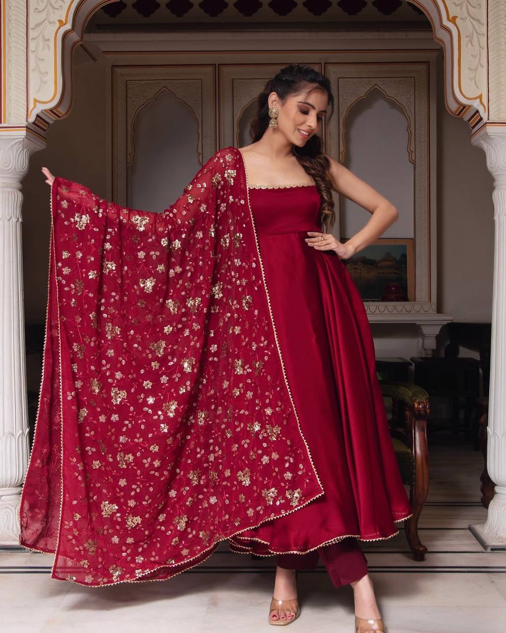 Faux georgette embroidered flair suit set – front view, 4 meter flair faux georgette kurta with sequin work, Heavy faux georgette dupatta with lace border, Fully stitched micro cotton bottom wear, Embroidery and sequin detailing on georgette fabric, Ready-to-wear faux georgette festive suit, Party wear georgette flair suit with dupatta, Elegant georgette suit set for women