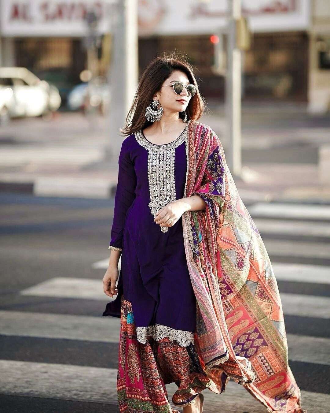 Elegant Chinon Silk Embroidered Sharara  Palazzo Suit Set – Party Wear Ensemble