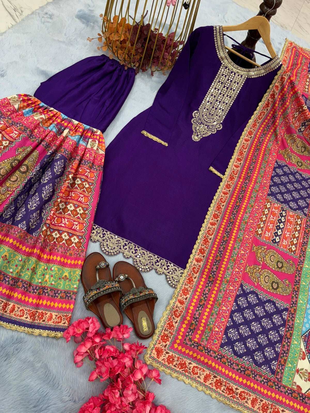 Elegant Chinon Silk Embroidered Sharara  Palazzo Suit Set – Party Wear Ensemble
