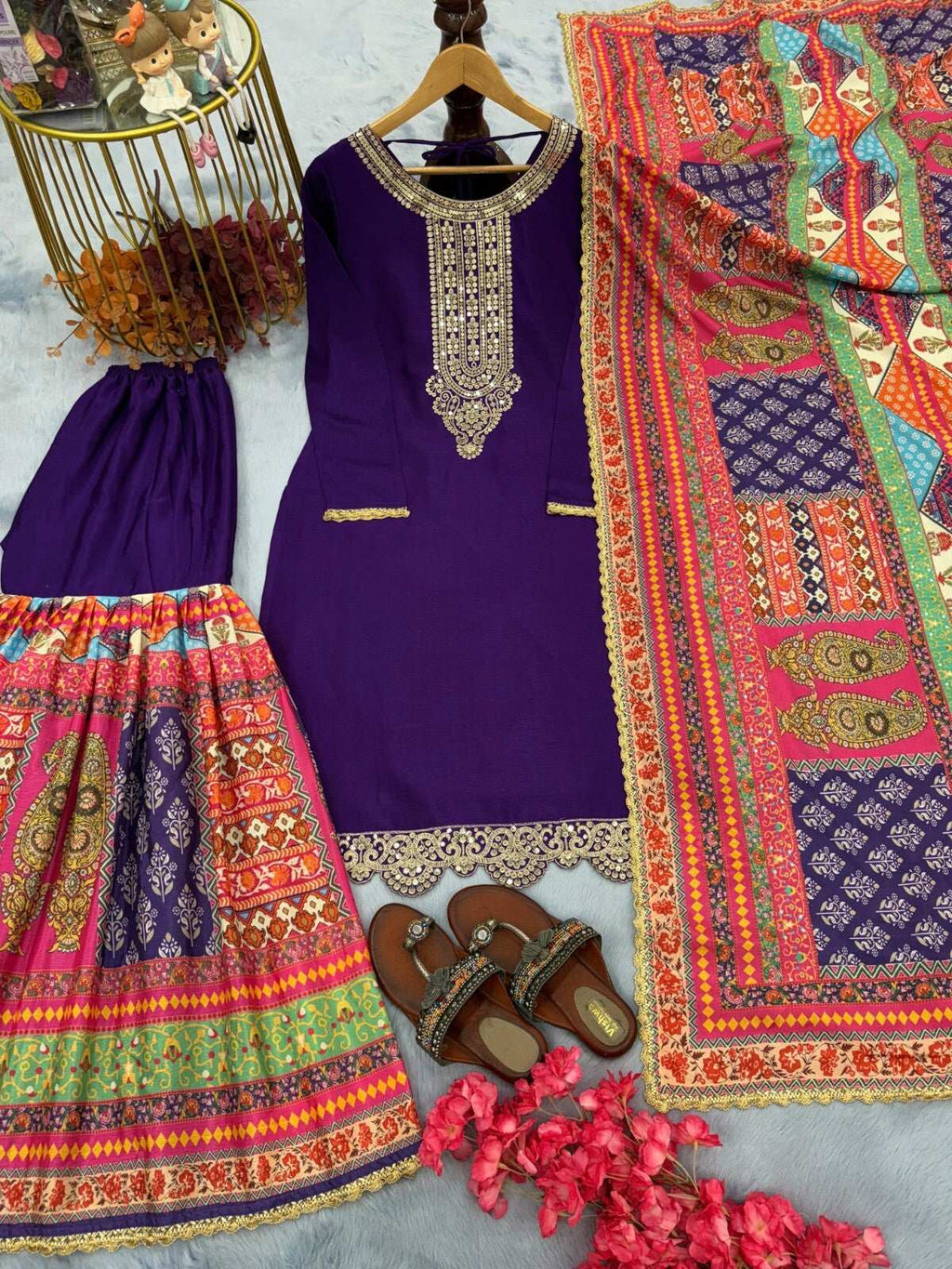 Elegant Chinon Silk Embroidered Sharara  Palazzo Suit Set – Party Wear Ensemble