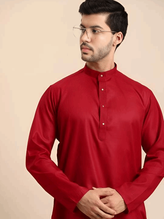 Party Wear Pure Cotton Pakistani Men’s  Shirt Long  Kurta Pajama Pooja Kurta Red