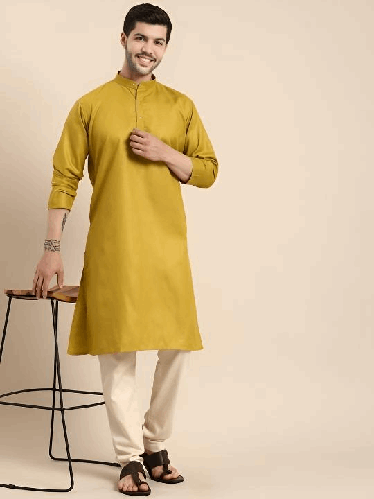 Indian Party Wear Pure Cotton Men’s long  Shirt Kurta Pajama Kurta Mustard Y