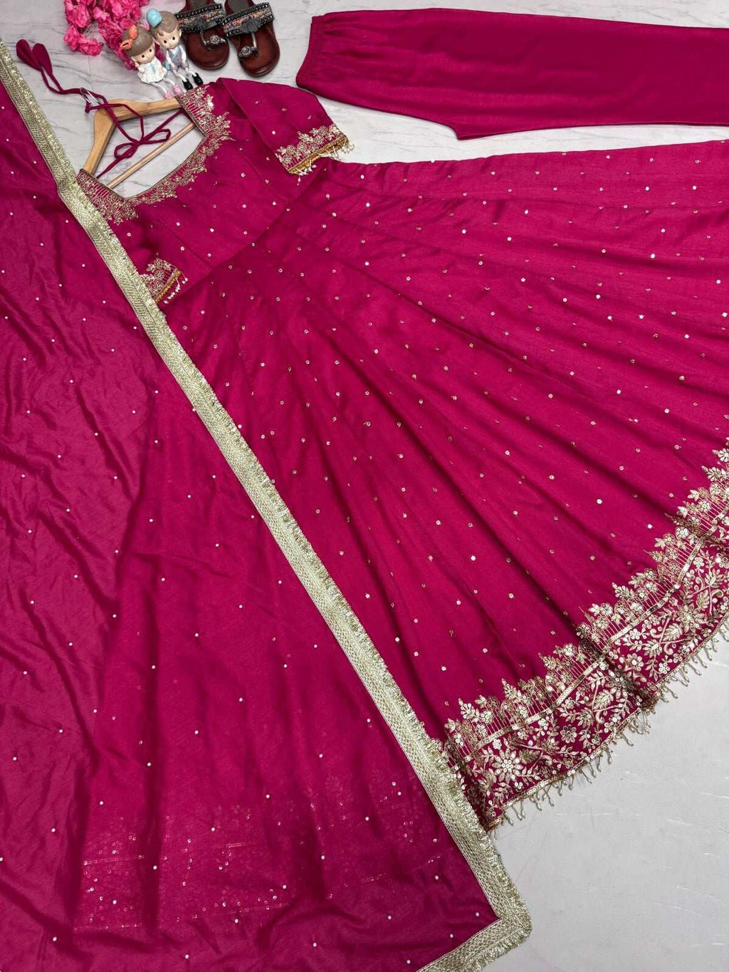 Indian Organza Taby Silk Anarkali Gown Set with Digital Print & Handwork
