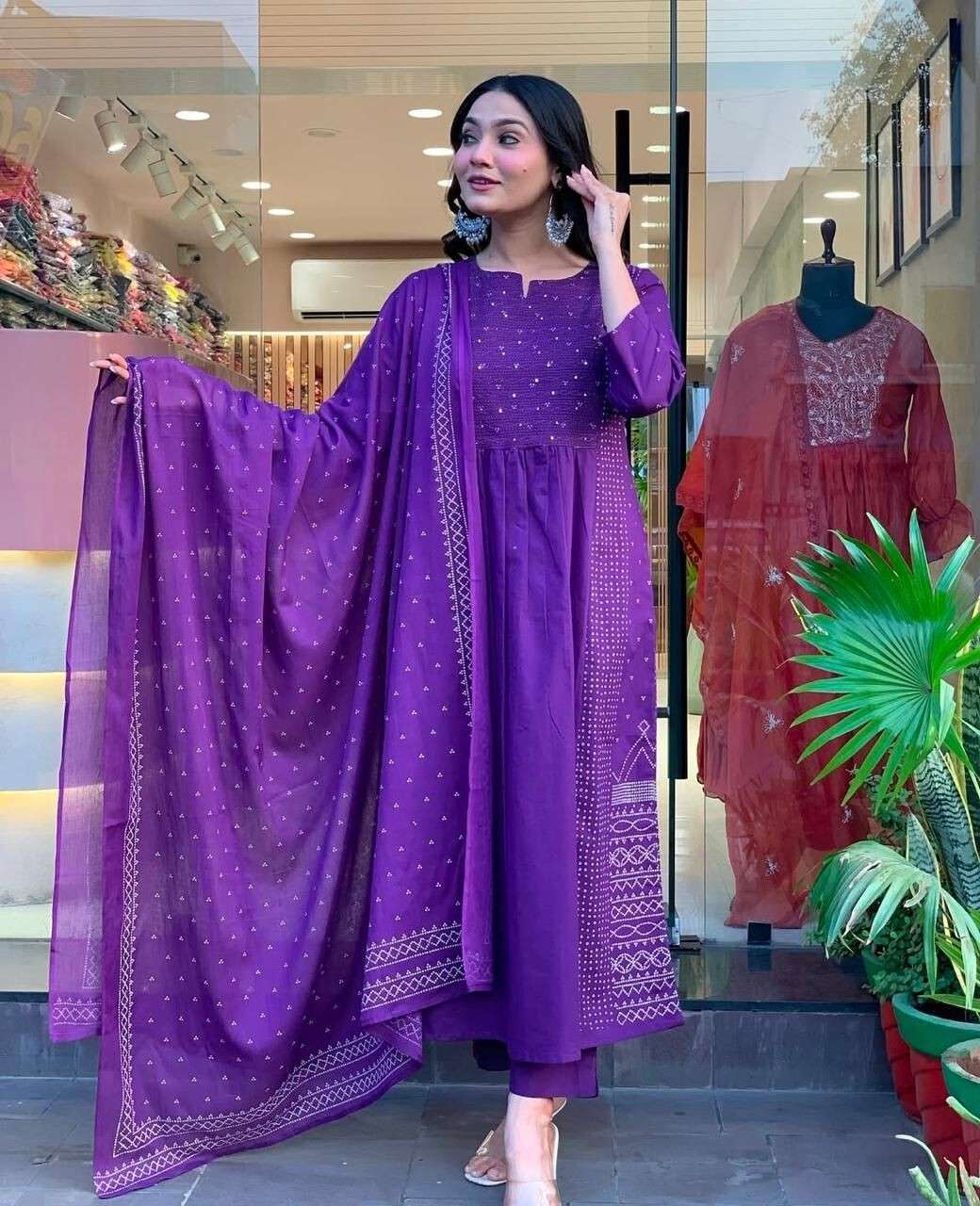 Women Anarkali Gown With Pant Sets Indian Designer Salwar Kameez Readymade Suit