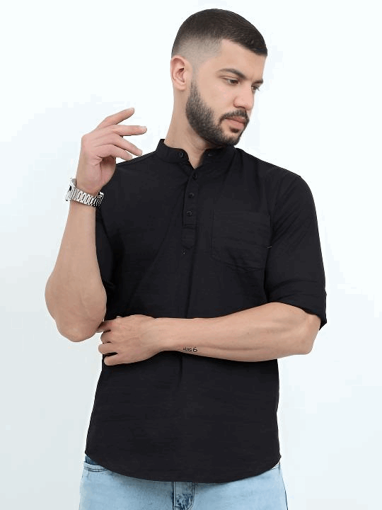 Pakistani Pure Cotton Short Kurta Tunic shirt  Men’s  Solid Black Plus Size S-7X