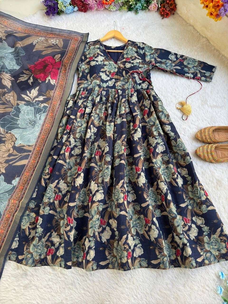 New indian Organza Taby Silk Anarkali Gown Print & Handwork - Ready to Wear