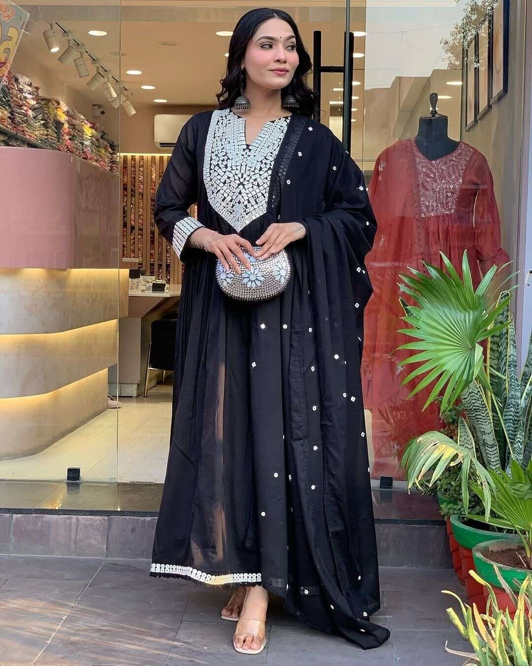 Designer  embroidered A-line suit Set  long suit salwar Indian Fabric Cotton 60