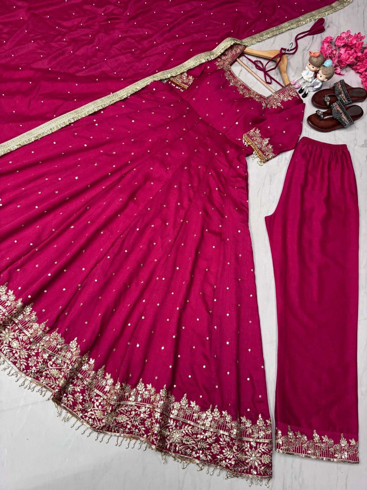 Indian Organza Taby Silk Anarkali Gown Set with Digital Print & Handwork
