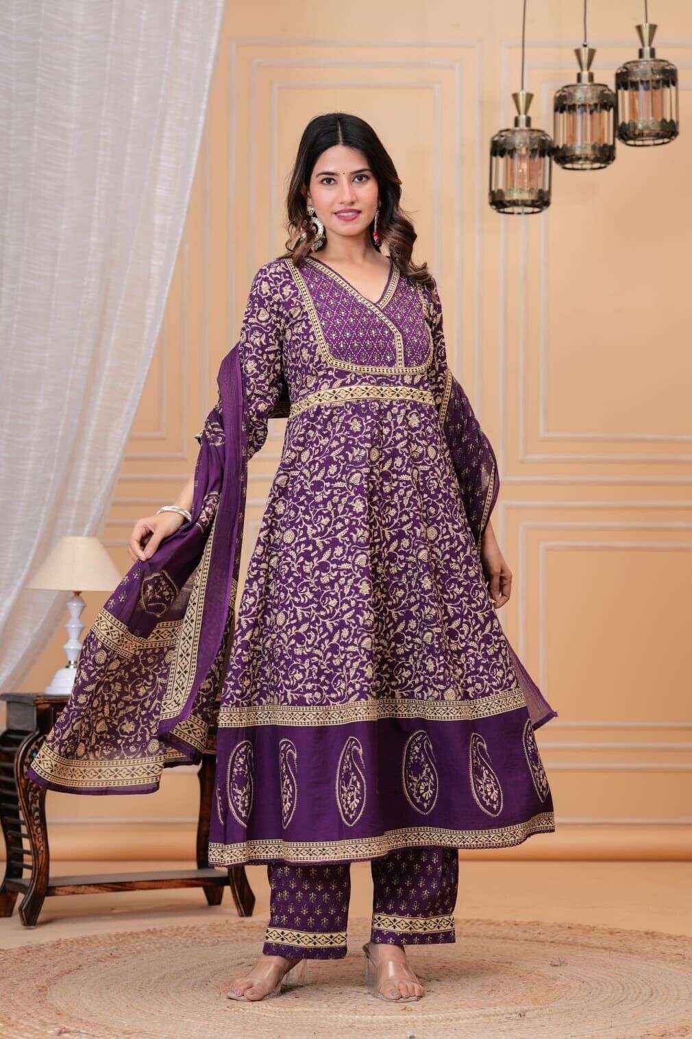 Pure handblocked anarkali full flared kurta with handwork Women's Cotton 3 pc