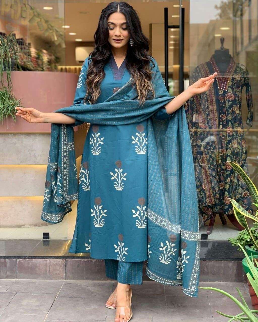 Designer Floral Printed kurta Set 3 PC long suit salwar Kameez Fabric Cotton 60