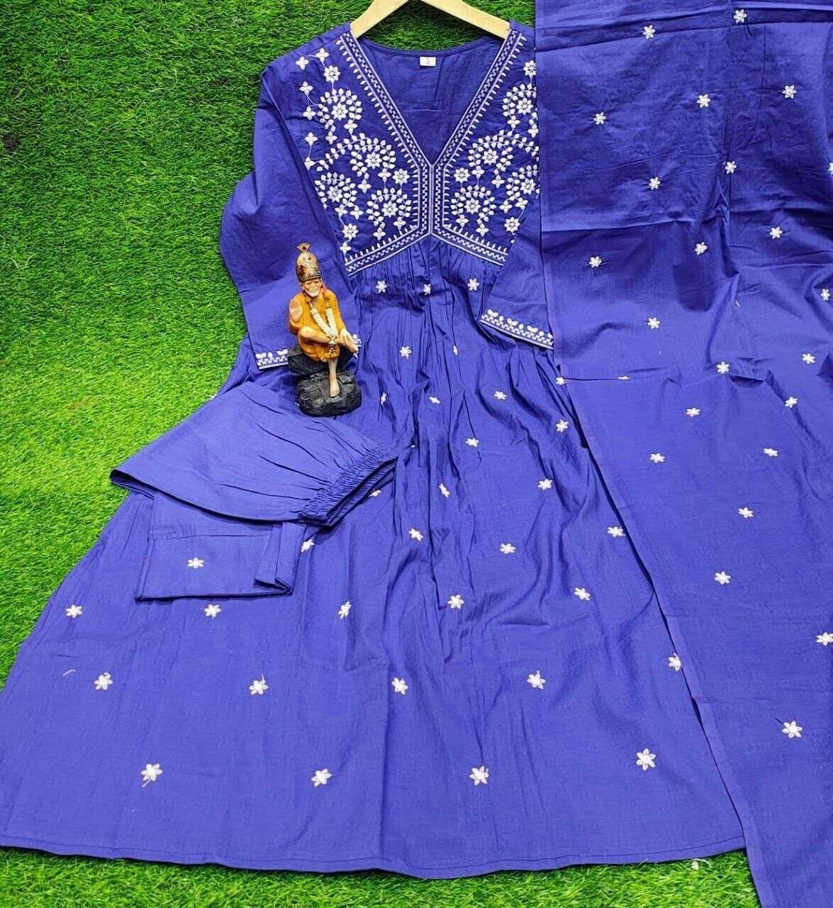 Embroidered cotton  Flared Anarkali Glown Full Length  Kurta,suit 3Pc Set indian