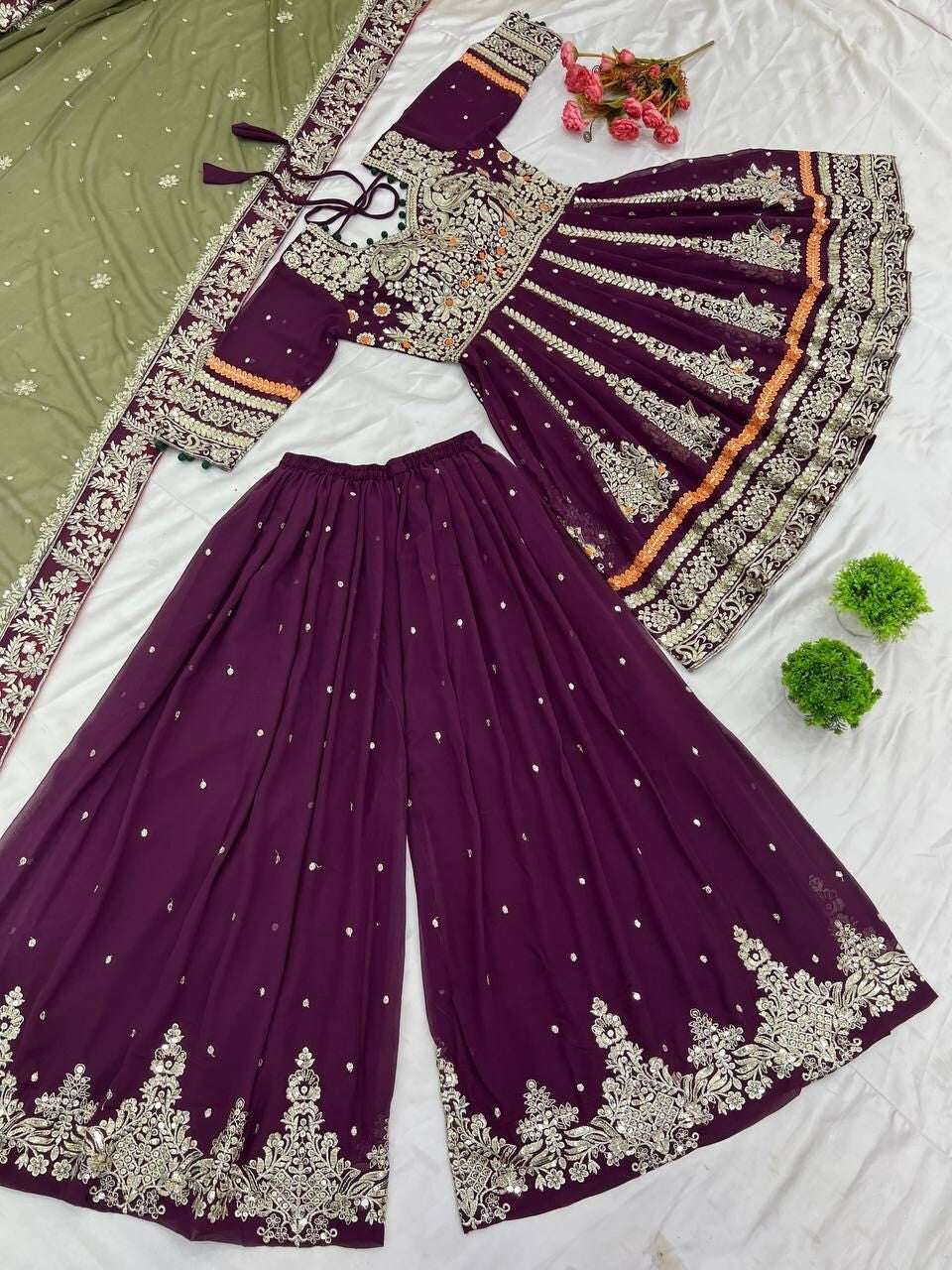 Embroidered Faux Georgette Salwar Kameez with Sharara & Dupatta - Ready to Wear