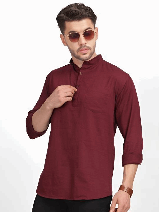 Traditional Indian Short Kurta Cotton Solid  Mens Shirt Tunic Long Sleeve Marron
