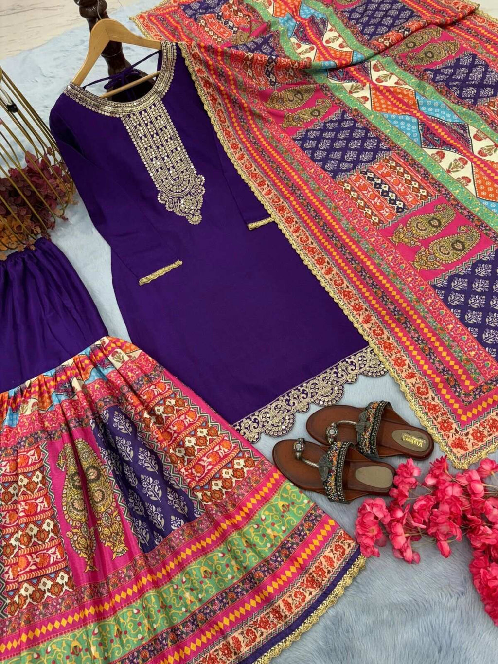 Elegant Chinon Silk Embroidered Sharara  Palazzo Suit Set – Party Wear Ensemble