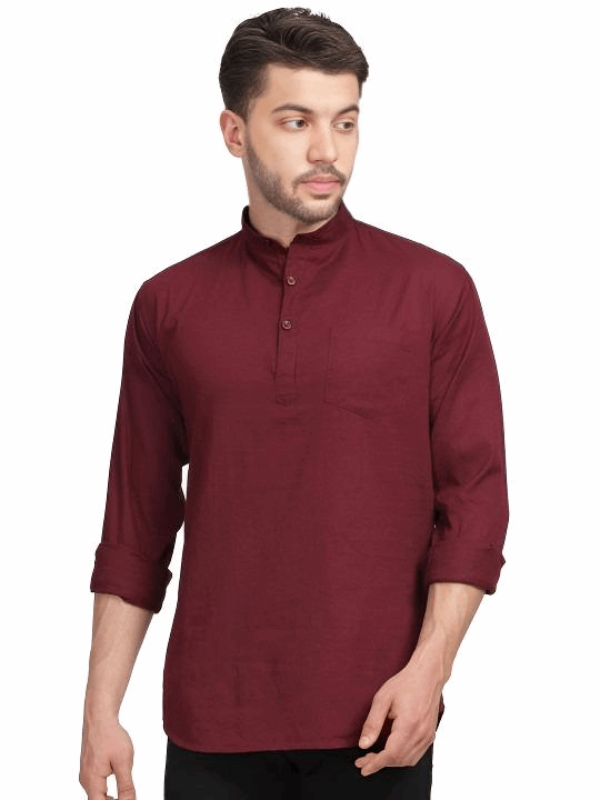 Traditional Indian Short Kurta Cotton Solid  Mens Shirt Tunic Long Sleeve Marron