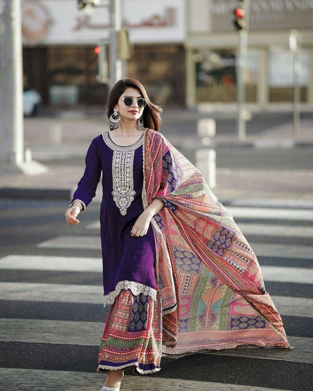 Elegant Chinon Silk Embroidered Sharara  Palazzo Suit Set – Party Wear Ensemble