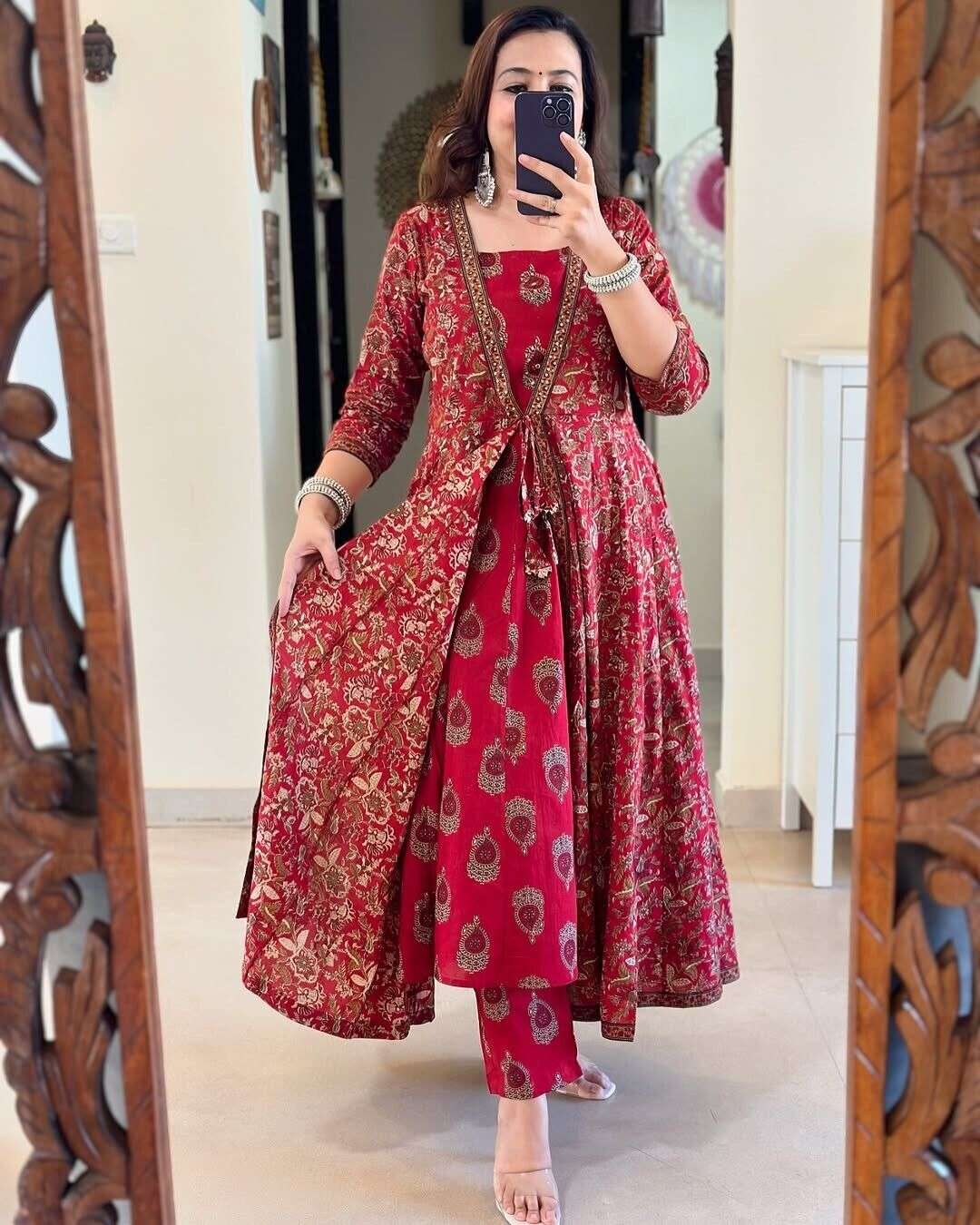 Cotton Women Anarkali Kurta Gown Pant Set Designer Salwar Kameez Readymade Suit