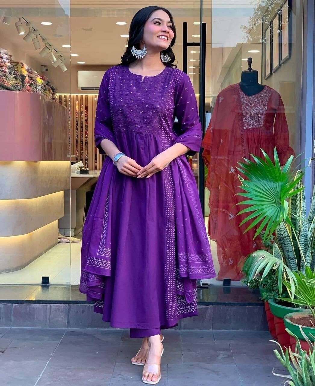Women Anarkali Gown With Pant Sets Indian Designer Salwar Kameez Readymade Suit