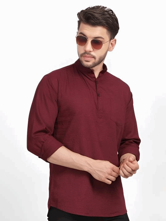 Traditional Indian Short Kurta Cotton Solid  Mens Shirt Tunic Long Sleeve Marron