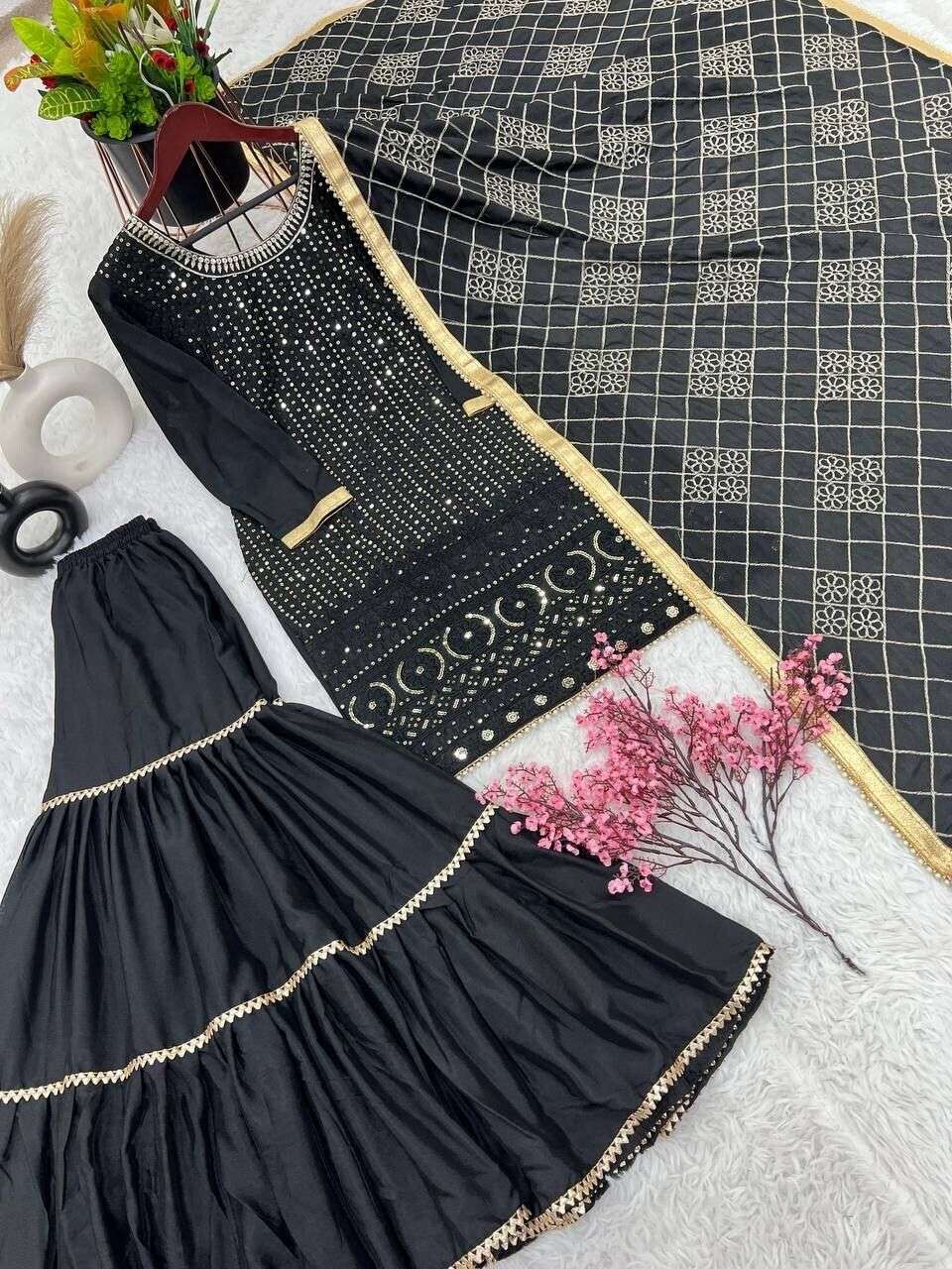 Designer Black Faux Georgette Suit  with Sharara  Readymade Embroidred