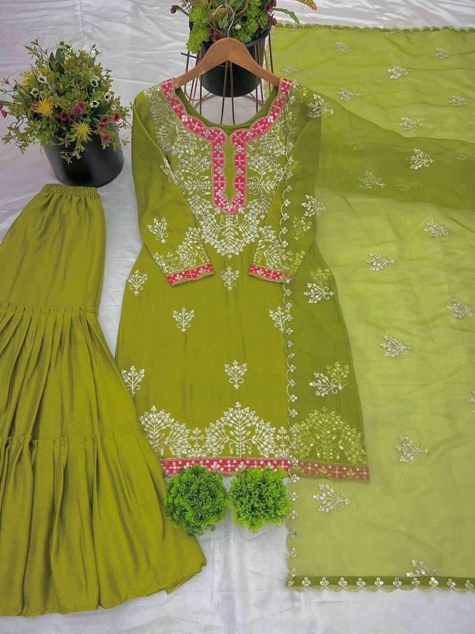Faux Georgette Embroidered Salwar Kameez with Sharara & Dupatta - Ready to Wear