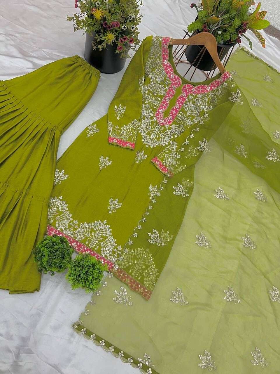 Faux Georgette Embroidered Salwar Kameez with Sharara & Dupatta - Ready to Wear