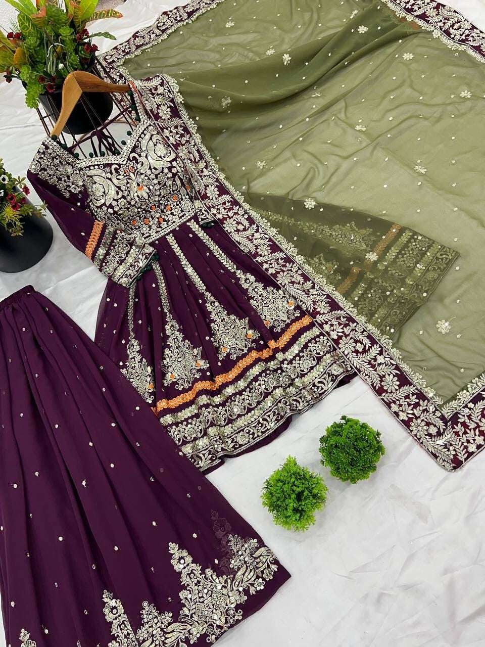 Embroidered Faux Georgette Salwar Kameez with Sharara & Dupatta - Ready to Wear