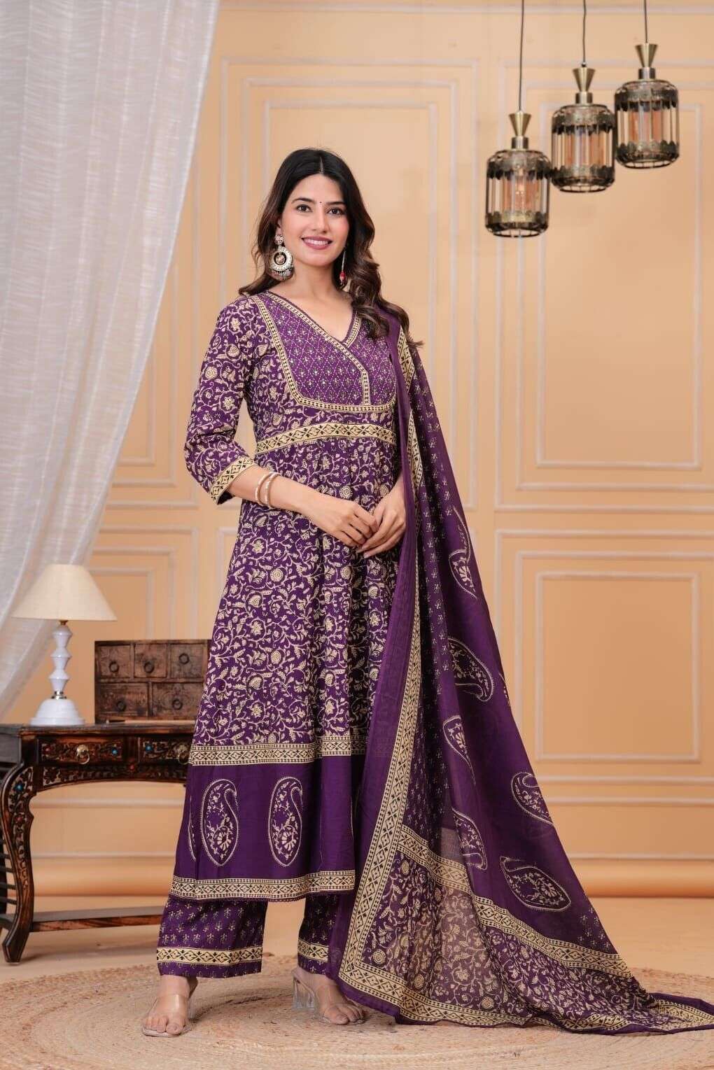 Pure handblocked anarkali full flared kurta with handwork Women's Cotton 3 pc