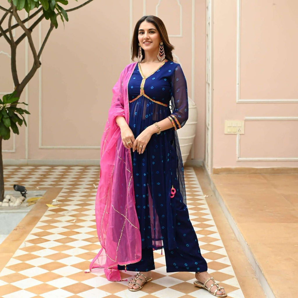 Bollywood Blue Anarkali Suit Set with Dupatta Graceful Indian Ethnic Wear Cotton