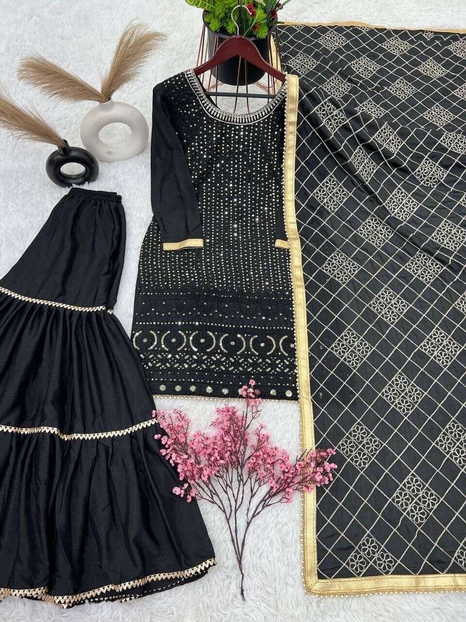Designer Black Faux Georgette Suit  with Sharara  Readymade Embroidred