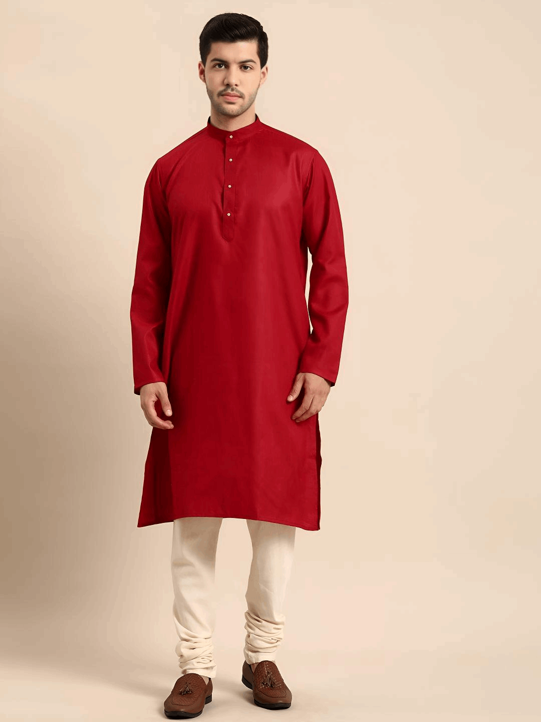 Party Wear Pure Cotton Pakistani Men’s  Shirt Long  Kurta Pajama Pooja Kurta Red