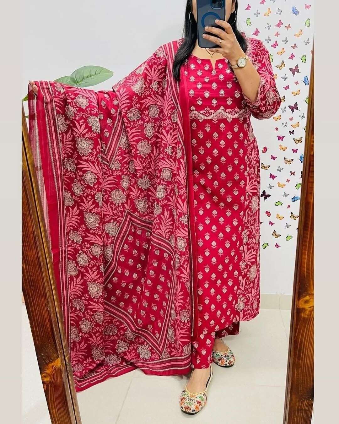 Embroided Floral Printed kurta Salwar Kameez Suit Set Indian Fabric Cotton 60