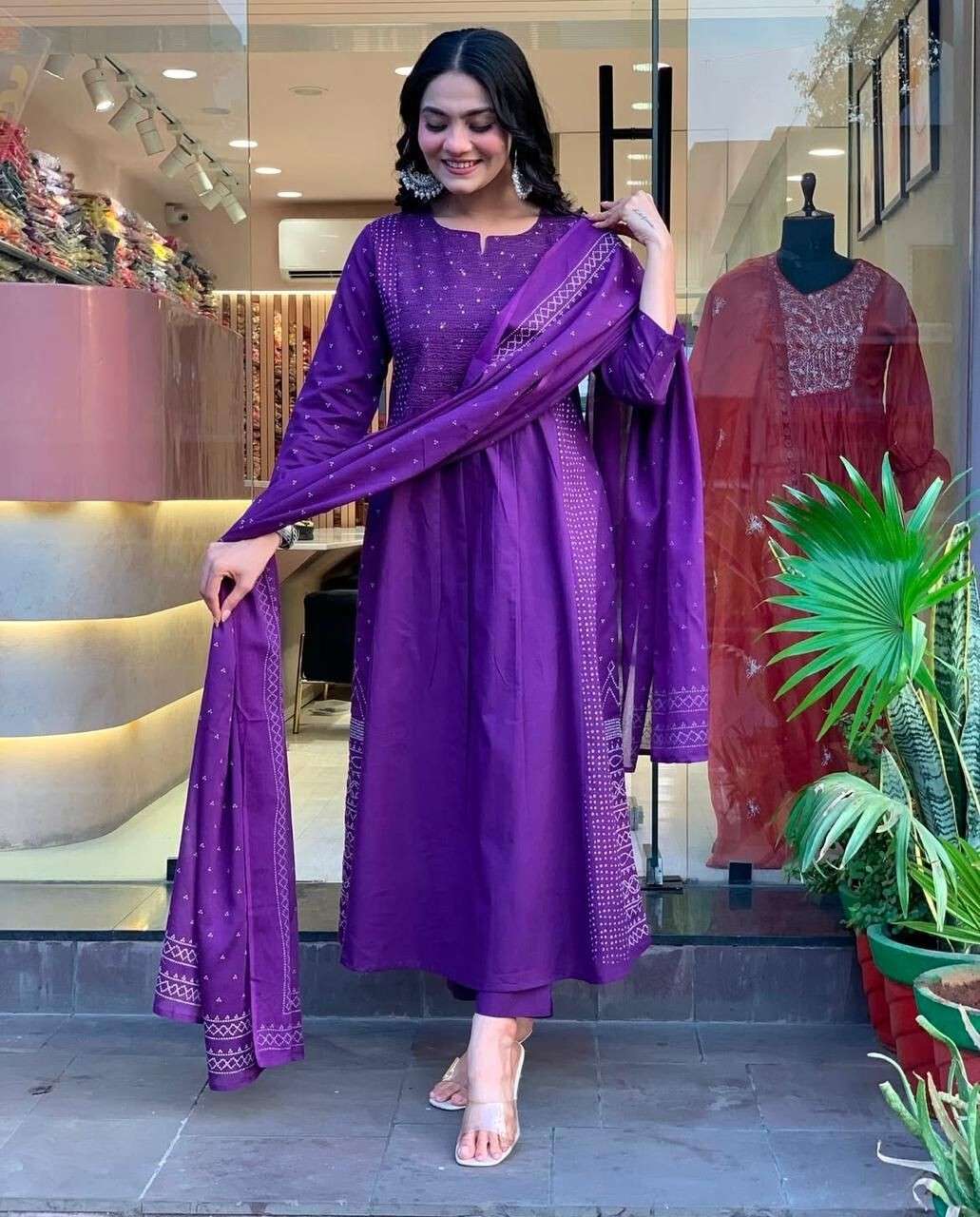 Women Anarkali Gown With Pant Sets Indian Designer Salwar Kameez Readymade Suit