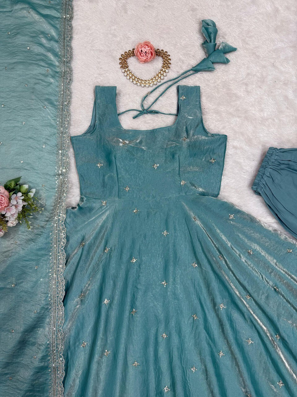 Anarkali Silk Gown Set with Thread & Sequin Work – Fully Stitched Ensemble