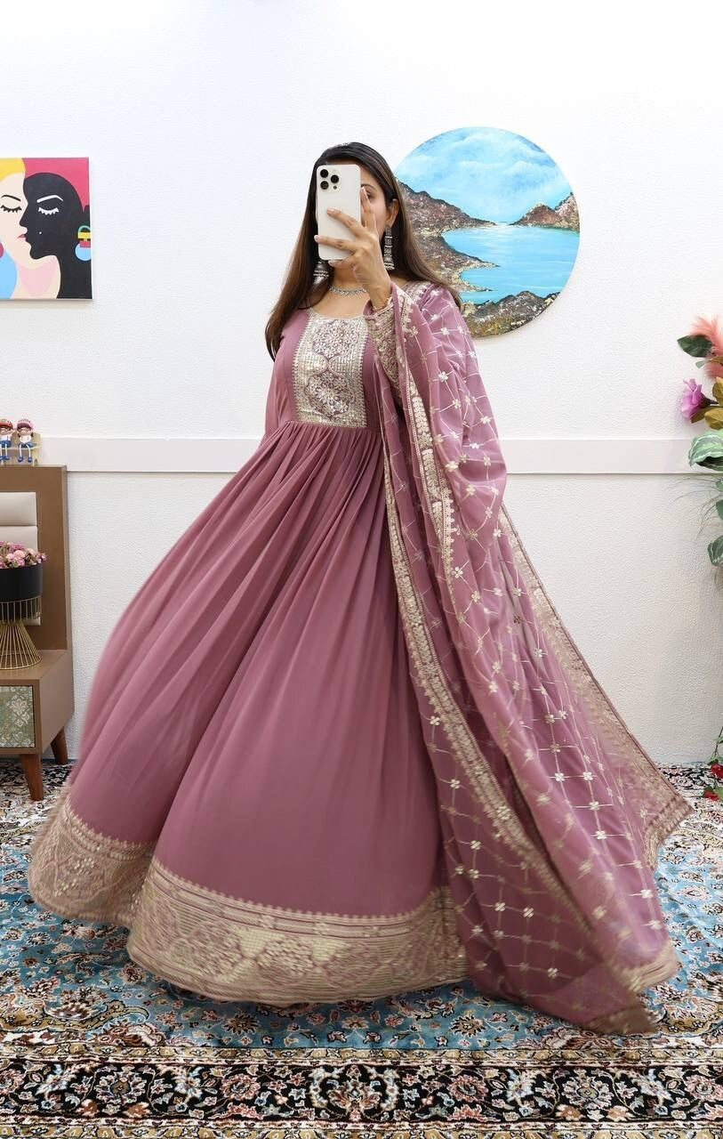 Georgette Embroidered Flared Anarkali Gown Dupatta – Fully Stitched  Ensemble