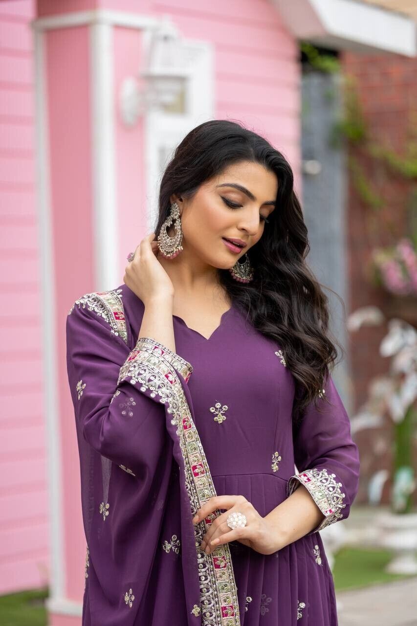 Georgette Pakistani Anarkali Gown Salwar Kameez Set with Embroidered Net