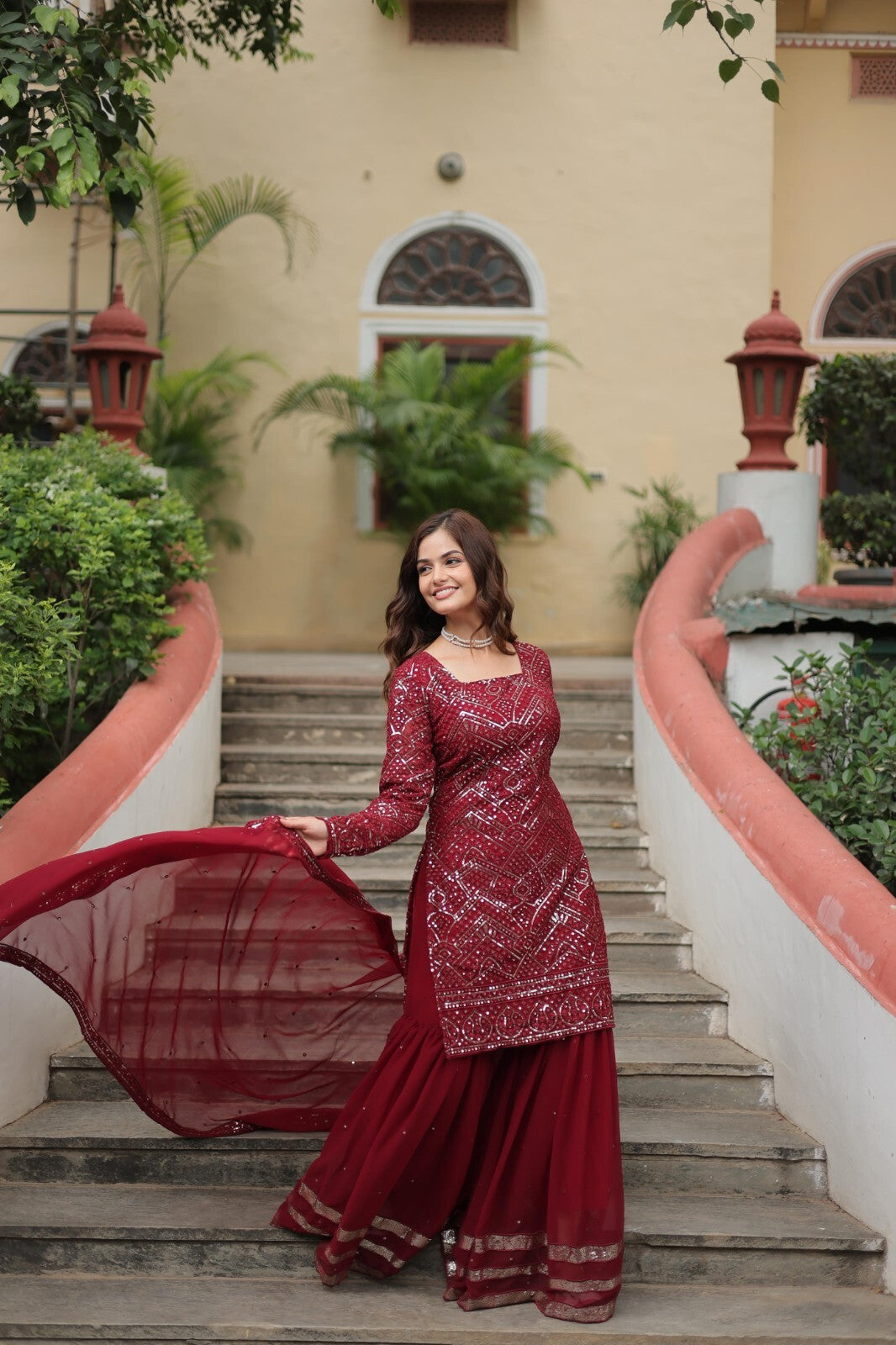 Pakistani Red Sharara Salwar Kameez Ready to Wear Kurti Georgette  Sharara Set