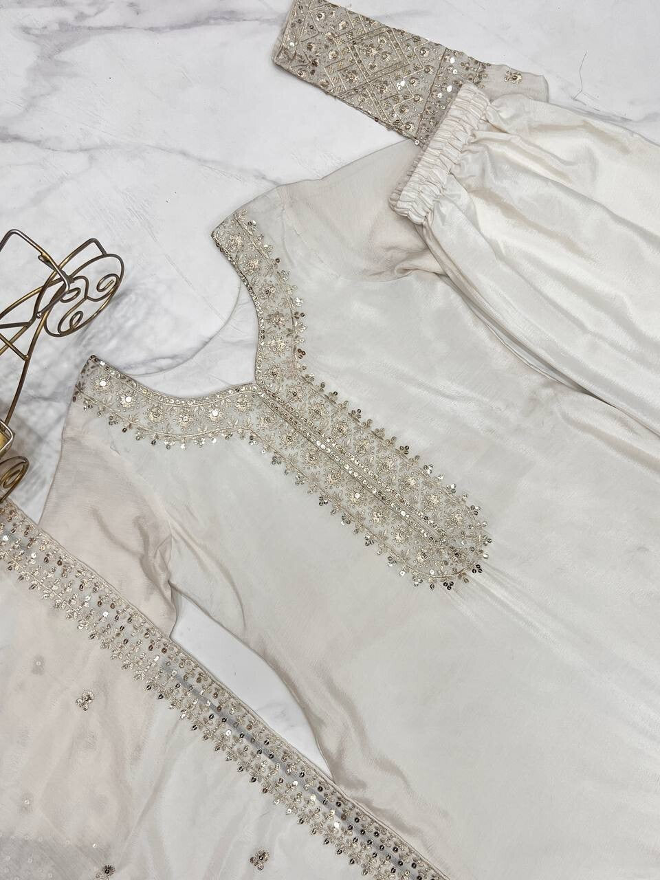 Chinon silk Designer Pakistani Salwar Kameez Set  Wedding & Party Wear White