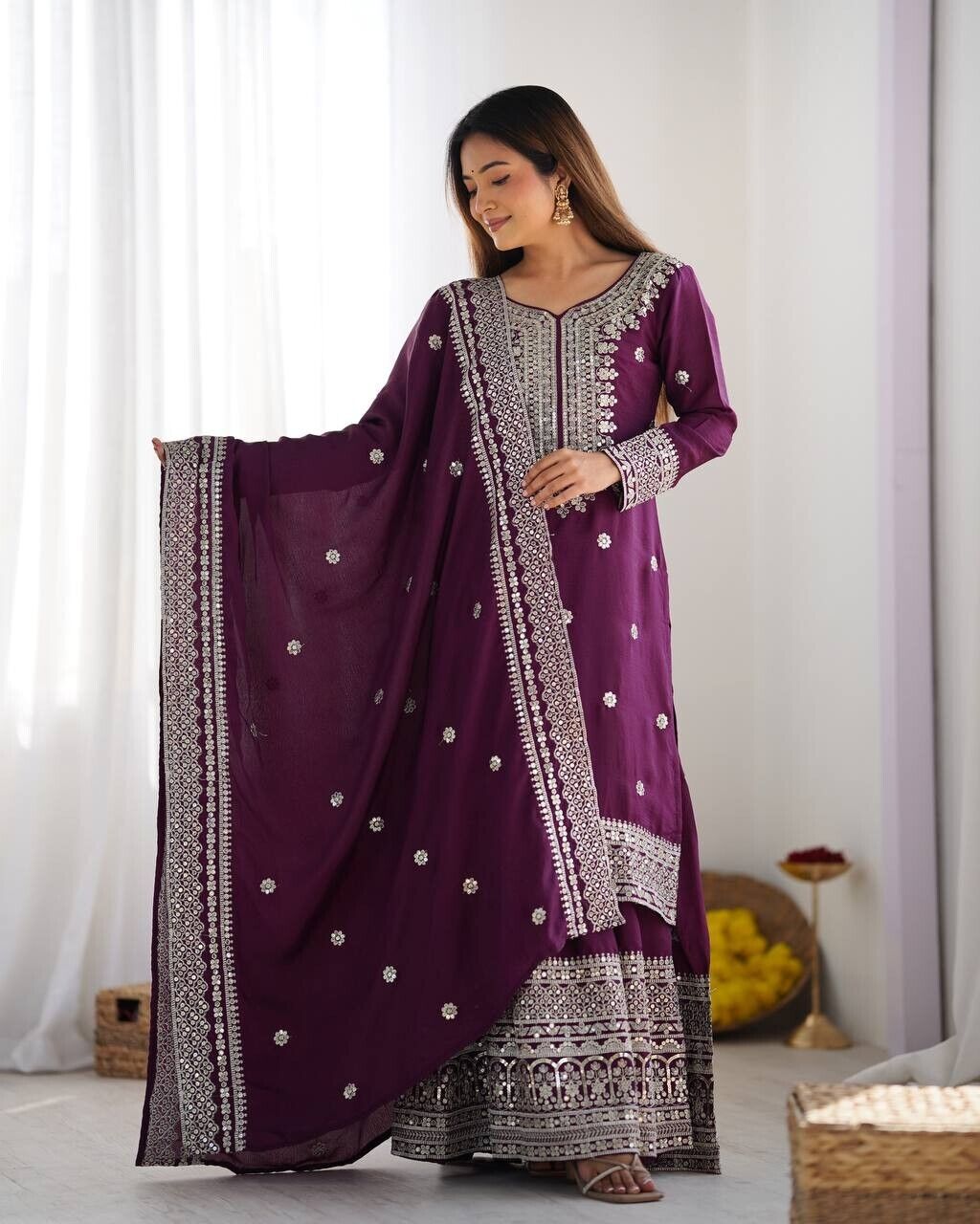 Chinnon Silk Punjabi Sharara Palazzo Salwar Kameez Set with Lace Border Dupatta