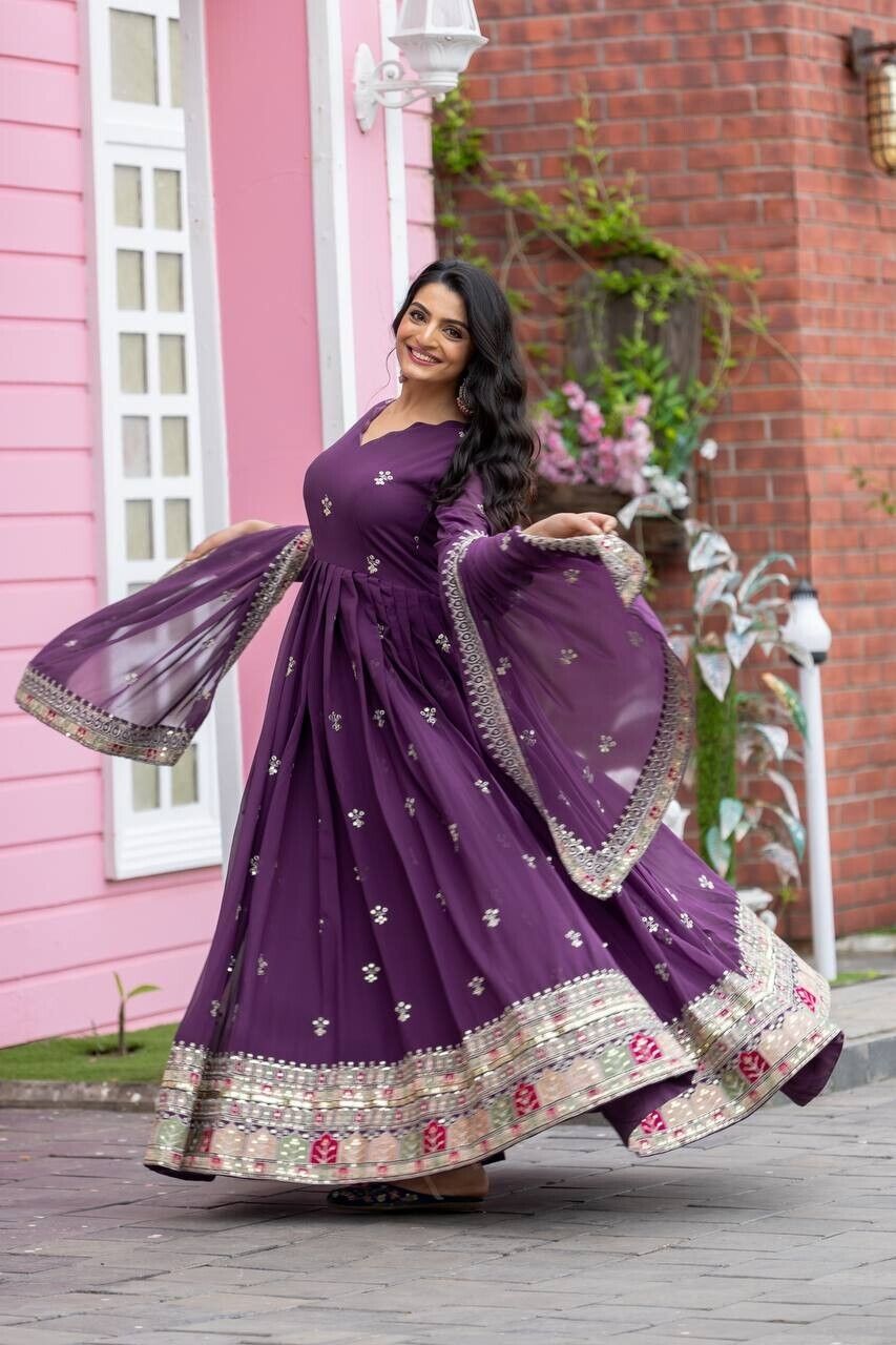 Georgette Pakistani Anarkali Gown Salwar Kameez Set with Embroidered Net