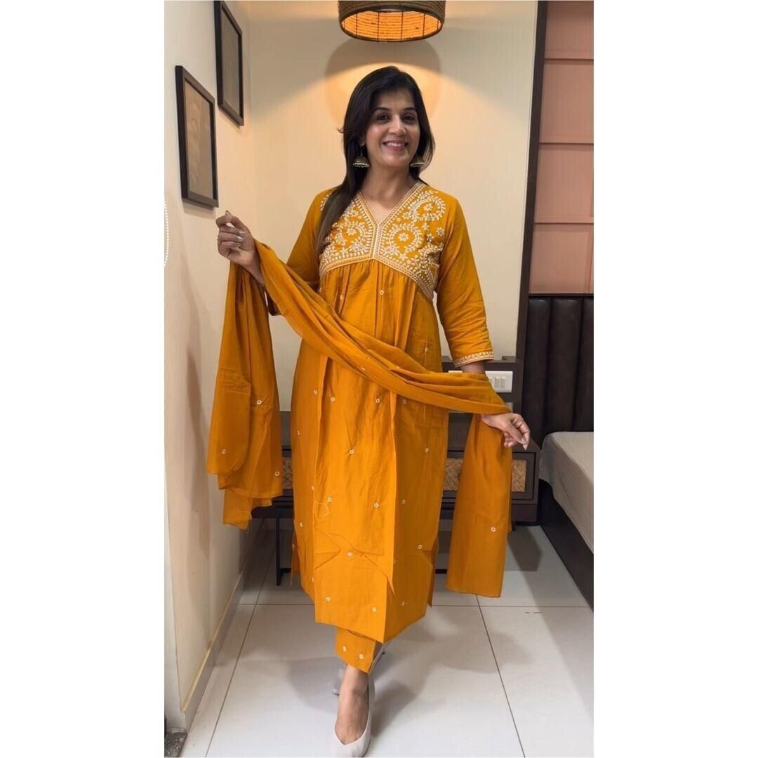Embroidered cotton  Flared Anarkali Glown Full Length  Kurta,suit 3Pc Set indian