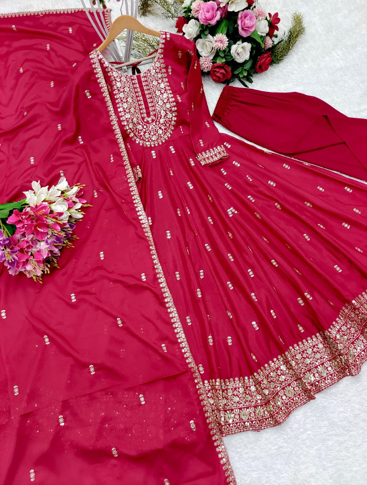 Chinon silk red Flared Anarkali Gown , Full Length Suit With Pant duppatta