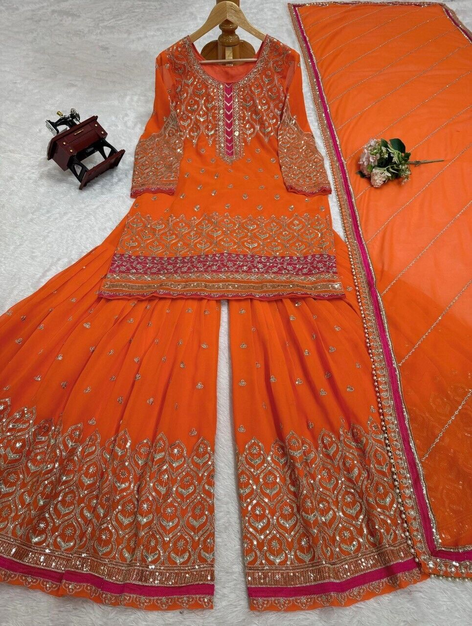 Faux Georgette Embroidered Zari Work  Sharara Suit Set with Embroidered Dupatta