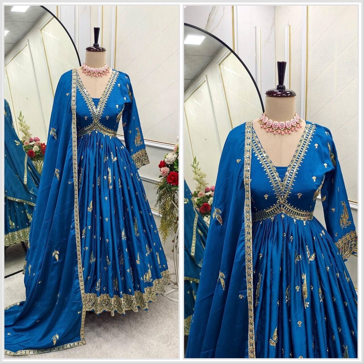 Chinnon Silk Flared Anarkali Gown pant Dupatta Indian Dress designer Stitched